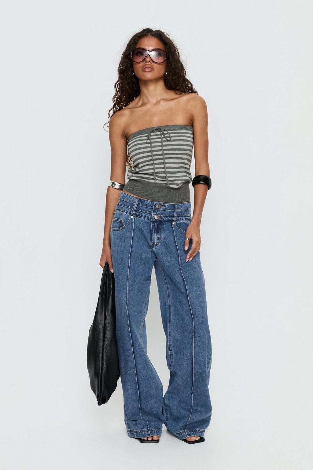 Striped Lace Up Strapless Knit Crop Top