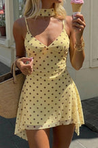 Polka Dot Scarf Neck Asymmetric Hem Mini Dress
