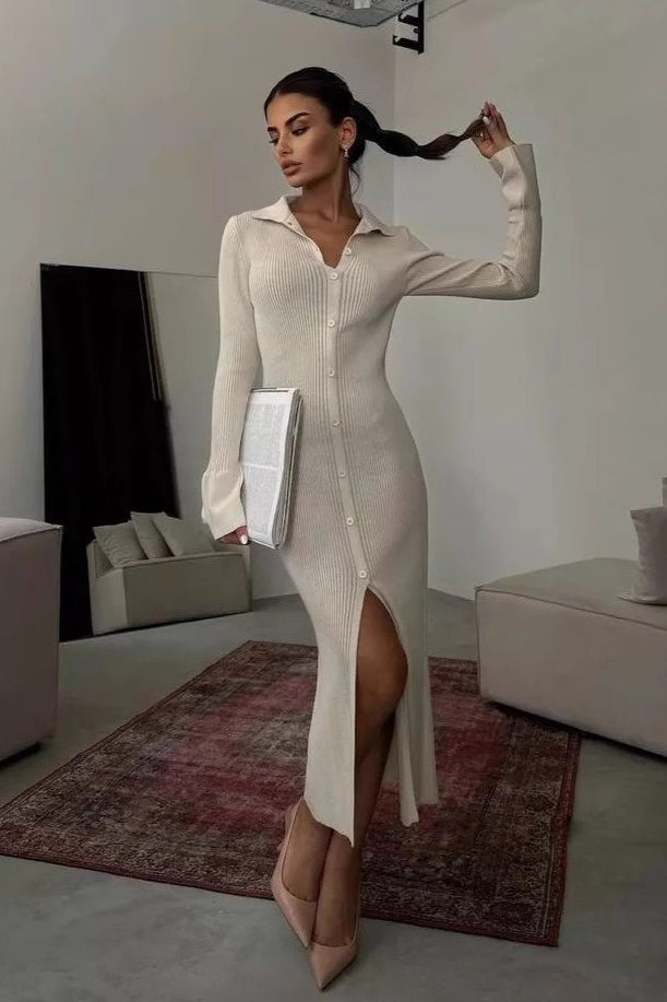 Collar Button Down Knit Fitted Bodycon Split Long Sweater Dress Main image