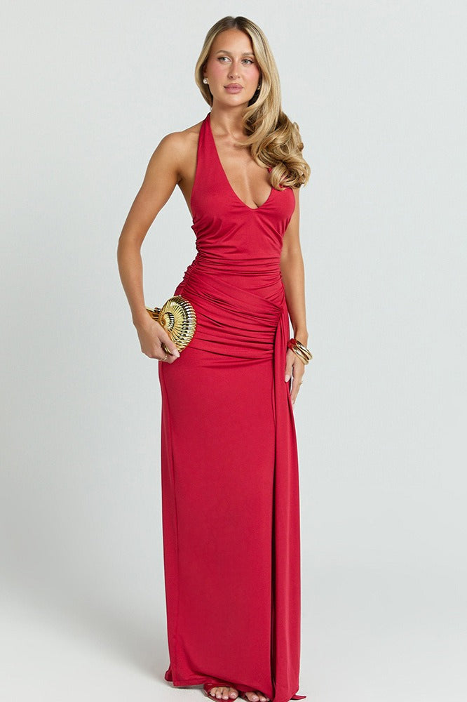 Deep V Halter Ruched Mermaid Party Dress