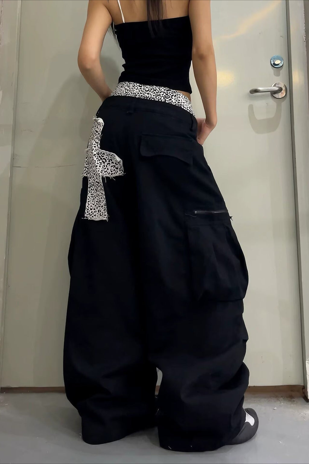 Leopard Cross Double Waist Cargo Jeans