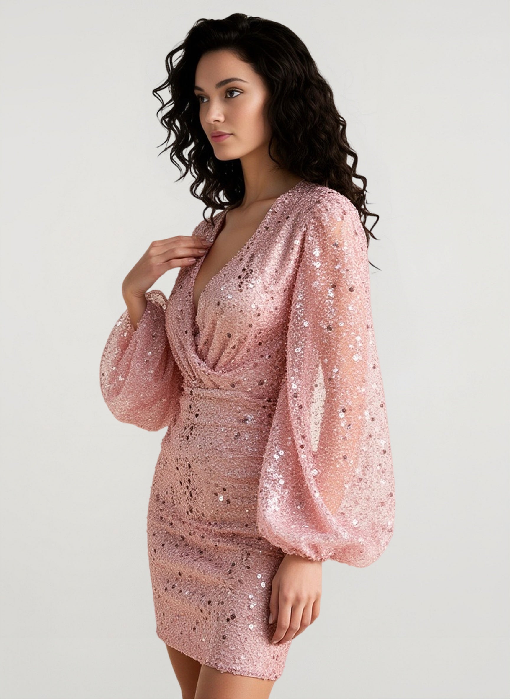 Long Sleeve V-Neck Sequin Bodycon Mini Sequin Dress Secondary image
