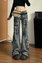 Washed Low Rise Multi-Pocket Cargo Jeans