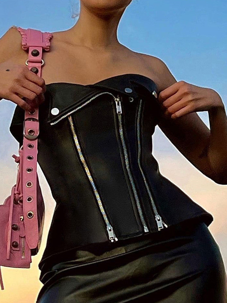 Punk Zipper Fashion Black Goth PU Leather Crop Top Main image