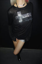 Rhinestone Cross Long Sleeve Fitted T-Shirt