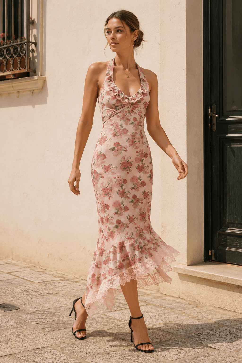 Luxury Halter Lace Trim Irregular Mermaid Long Floral Dress Secondary image