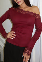 Asymmetric Lace Trim Long Sleeve T-shirts