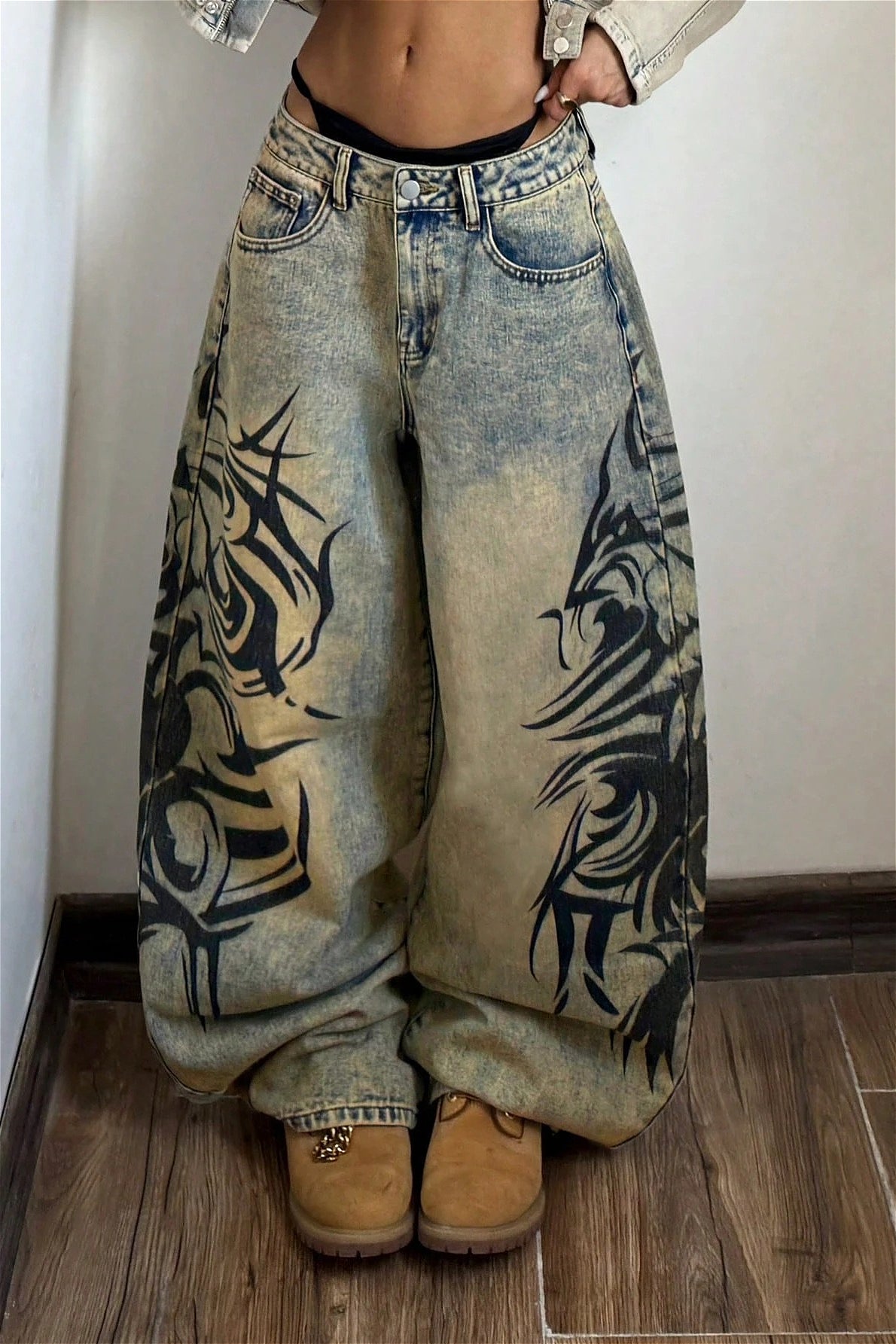 Tribal Graffiti Washed Wide Leg Jeans