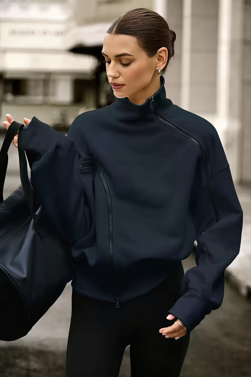 Cropped Stand Collar Zip Detail Sweatshirt