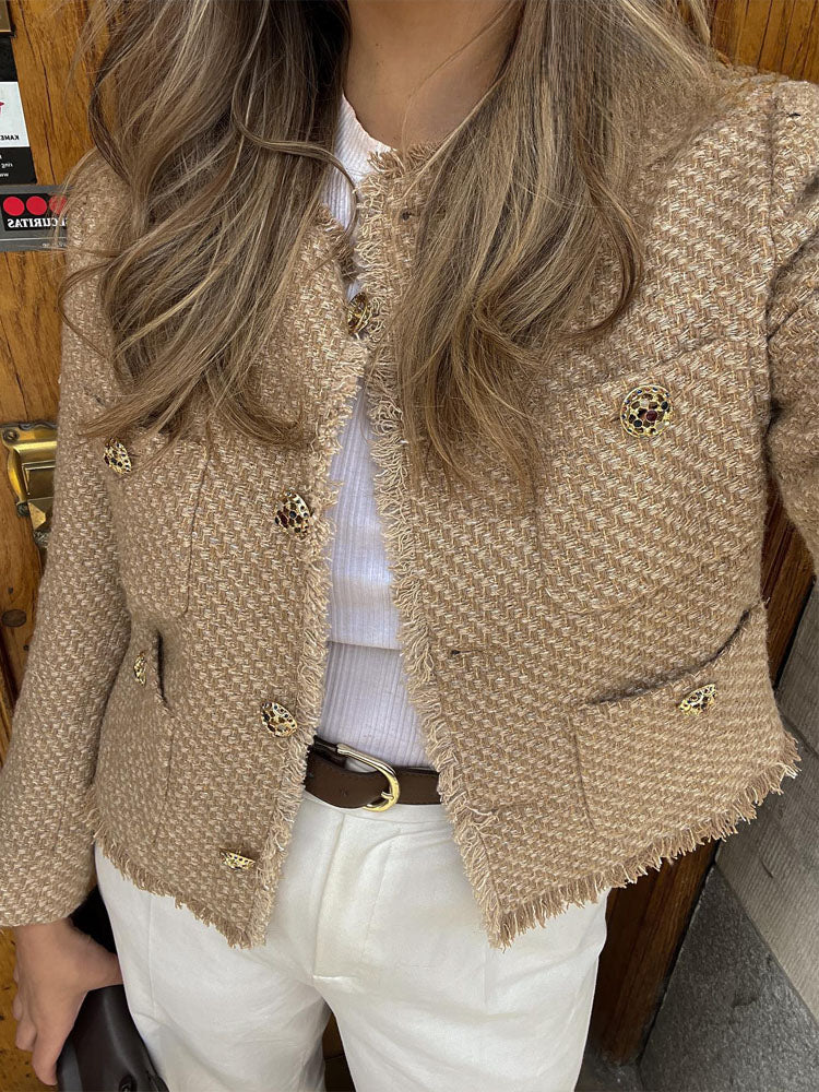 Autumn Fashion Long Camel Short Tweed Frayed Cropped Elegant Coat Main image
