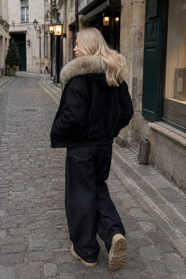 Black Short Puffer Fur Collar Jacket