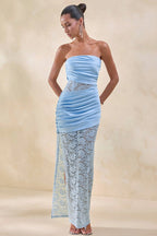Strapless Sheer Lace High Slit Backless Maxi Lace Dress