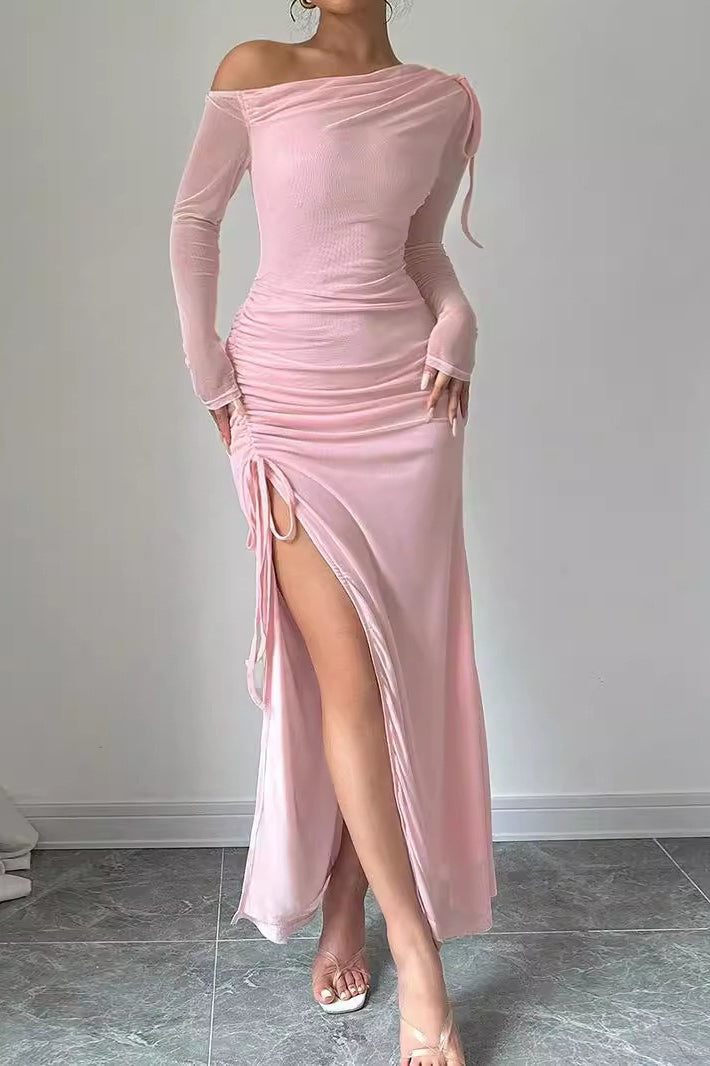 Sweet One Shoulder Mesh Long-Sleeve Slit Bodycon Dress Secondary image