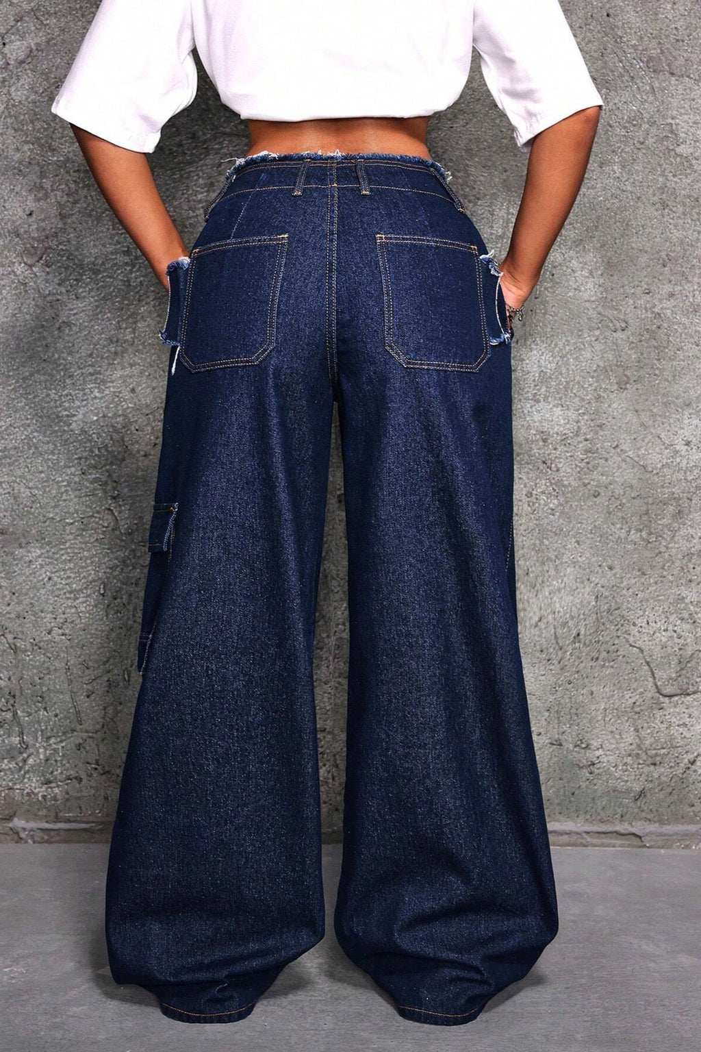Raw Hem Multi Pocket Cargo Wide Leg Jeans