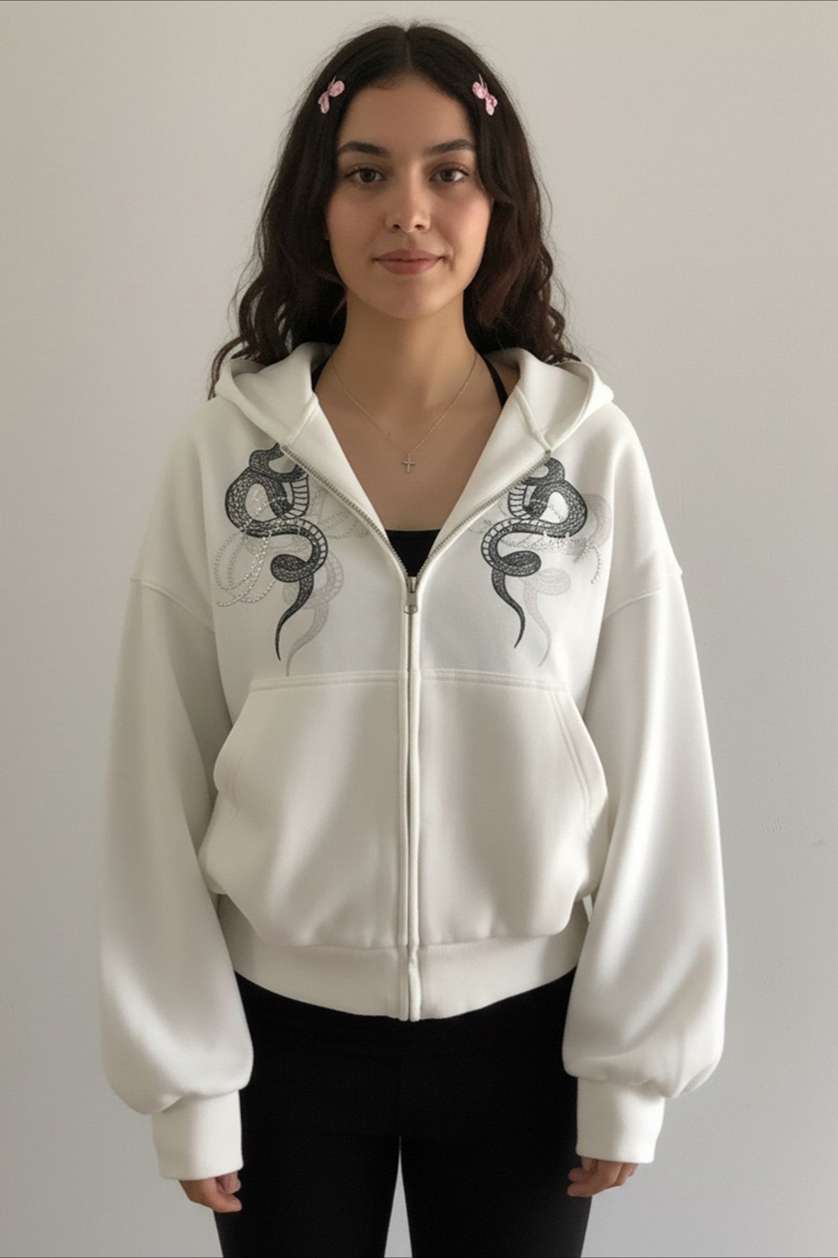 Snake Embroidery Oversized White Zip Hoodie Secondary image