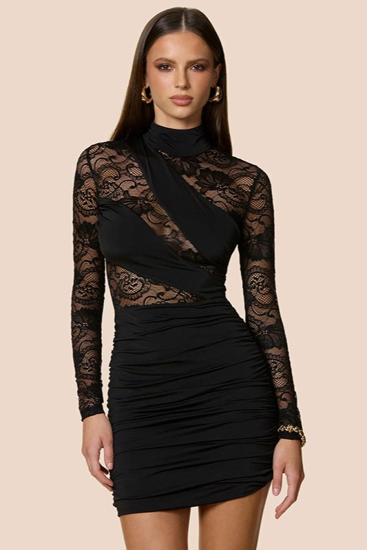 Sheer Lace Panel Mock Neck Sleeve Fit Lace Dress Main image