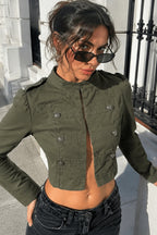 Military Button Cropped Green Denim Jacket