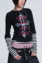 Gothic Plaid Layered Graphic Long Sleeve T-Shirt