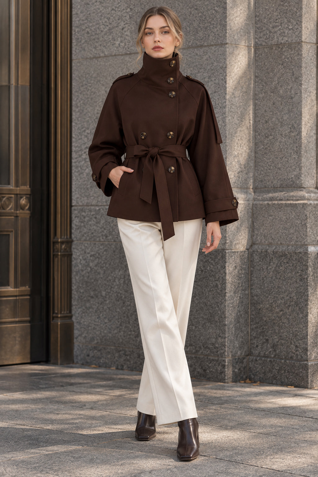Turtleneck Double Breasted Waist Tie Coat