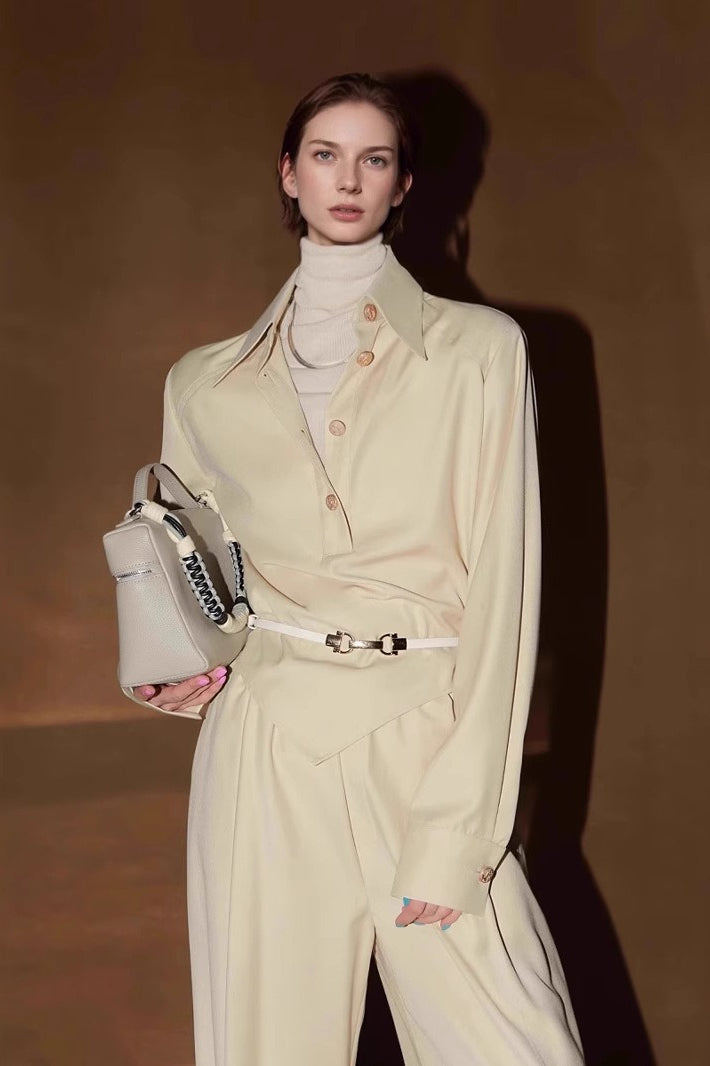 Petite Contrast Elastic Waist Shirt Wide Leg Pants Two Piece Set Secondary image