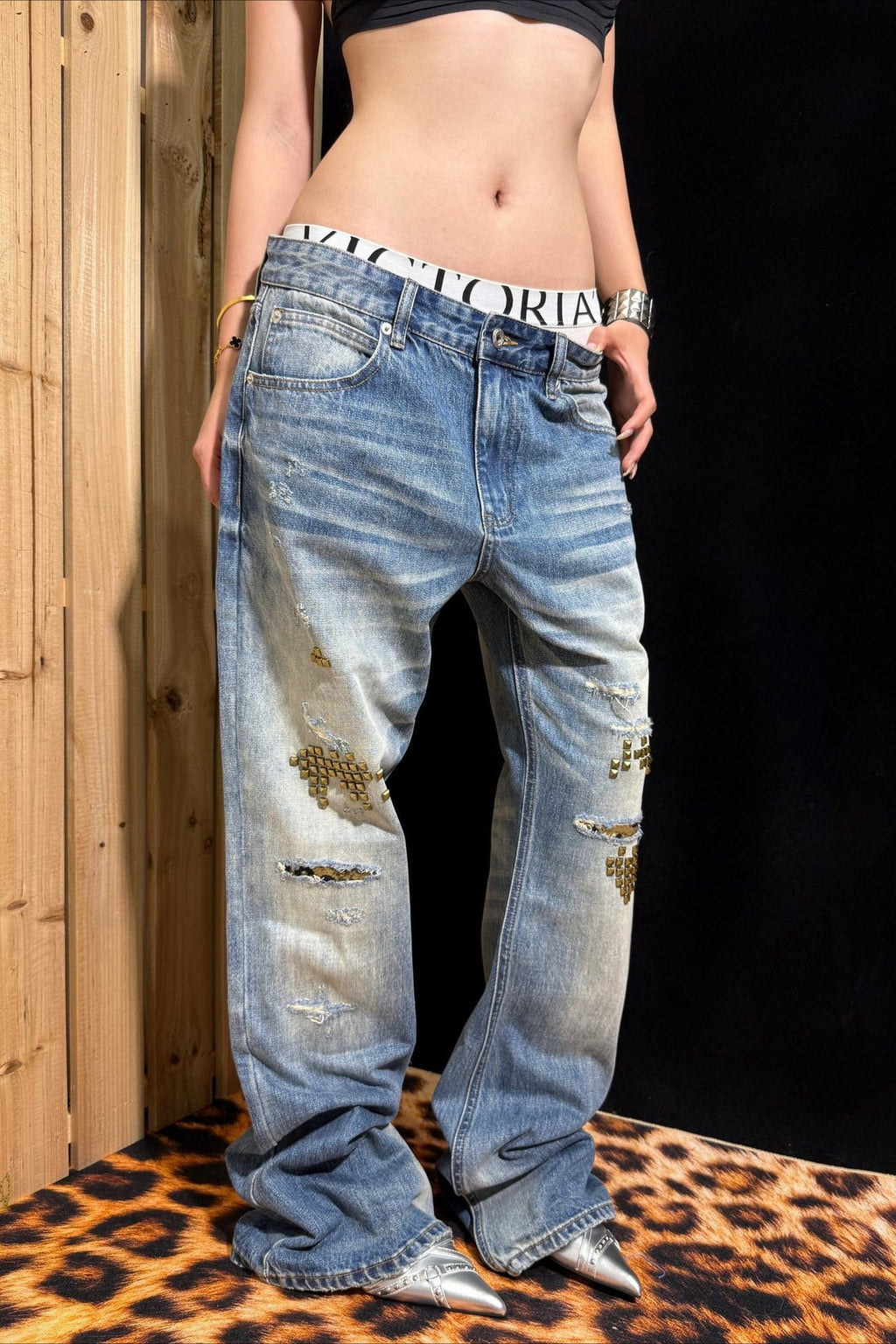 Leopard Patch Distressed Low Rise Jeans