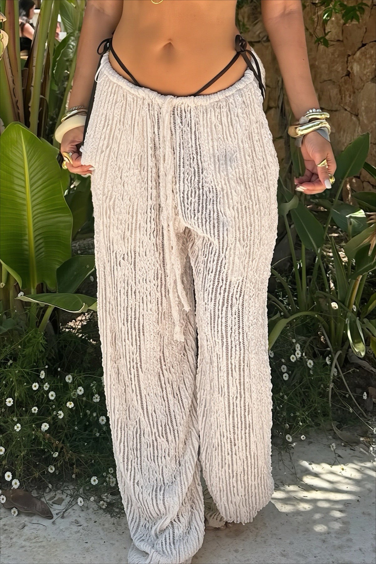 Textured Lace Drawstring Wide Leg Pants Main image