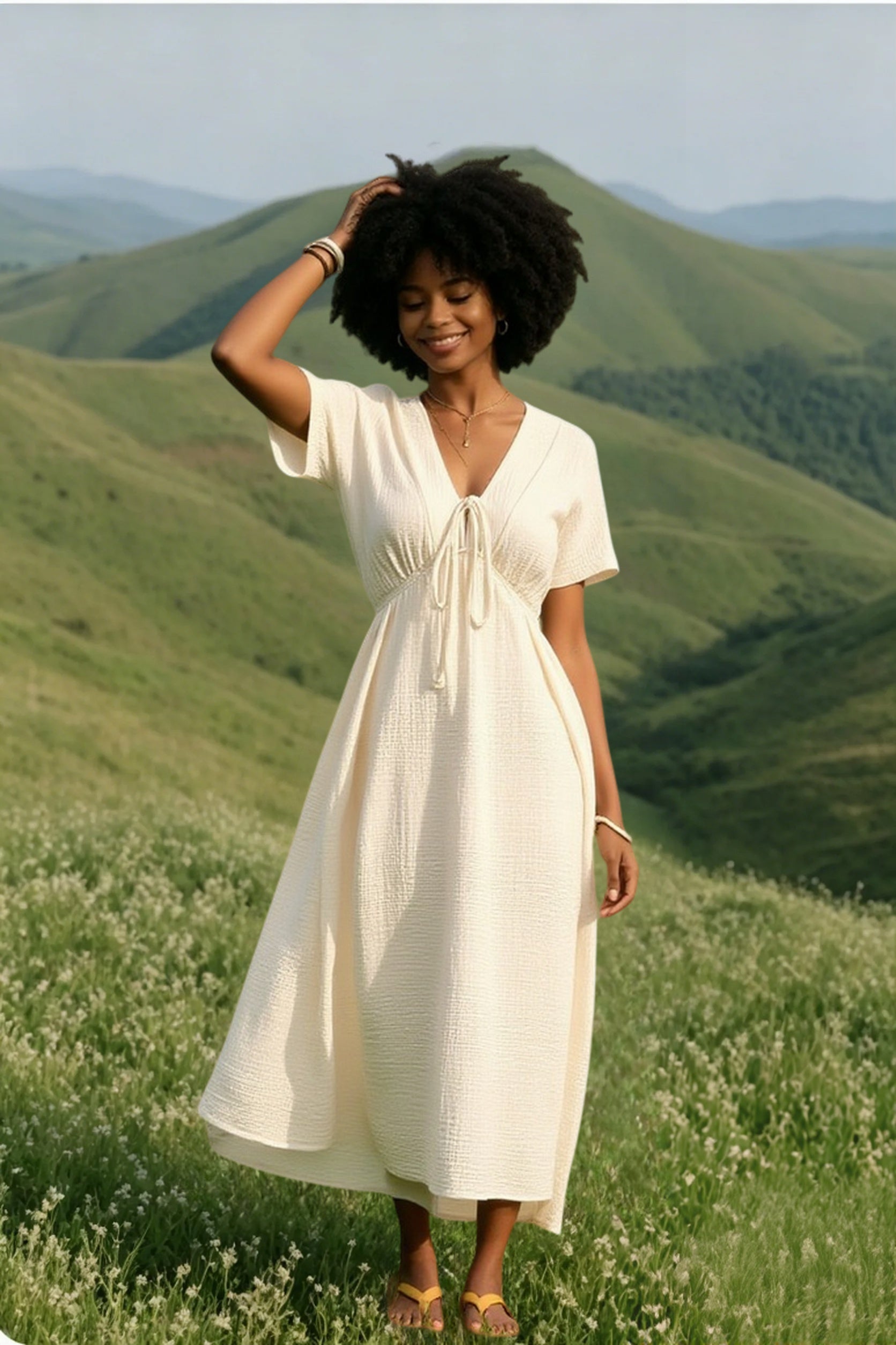 Bohemian Deep V Tie Waist Flowy Boho Dress Main image