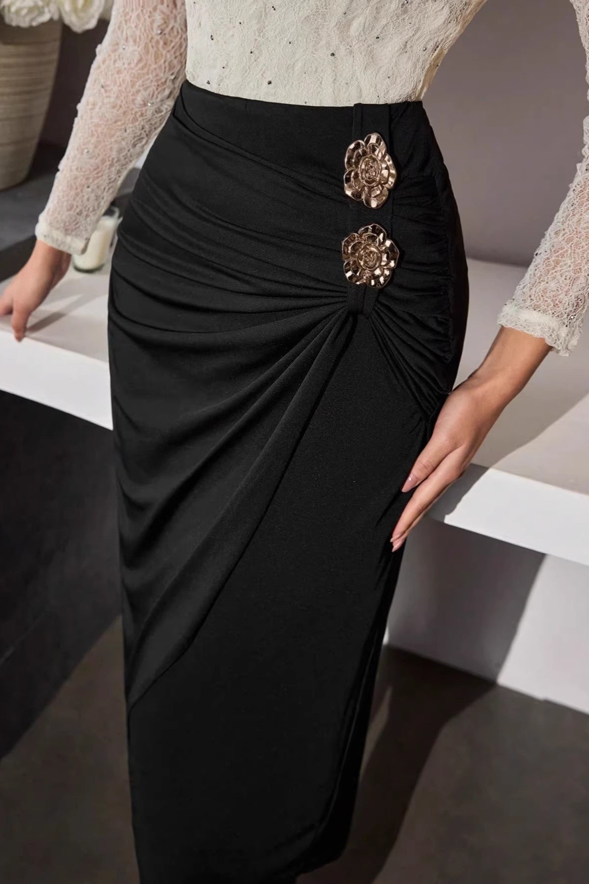 Gold Button Detail Bodycon Skirt Main image