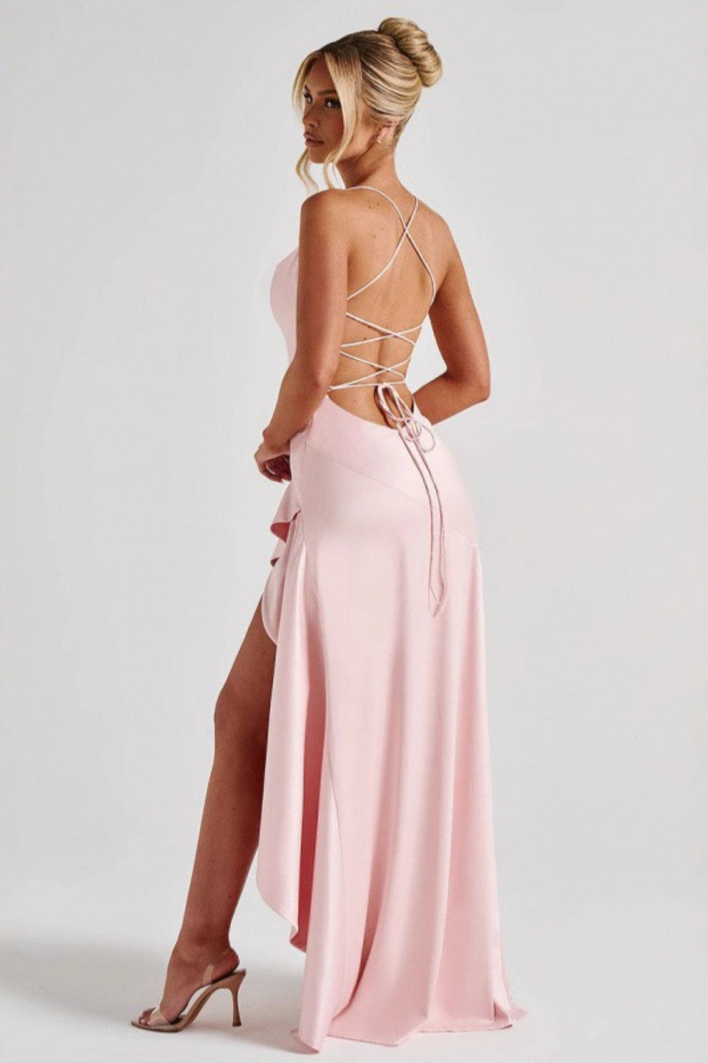 Spaghetti Strap Backless Ruffle Prom Dress