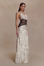 Polka Dot Lace Backless Waist Tie Maxi Lace Dress