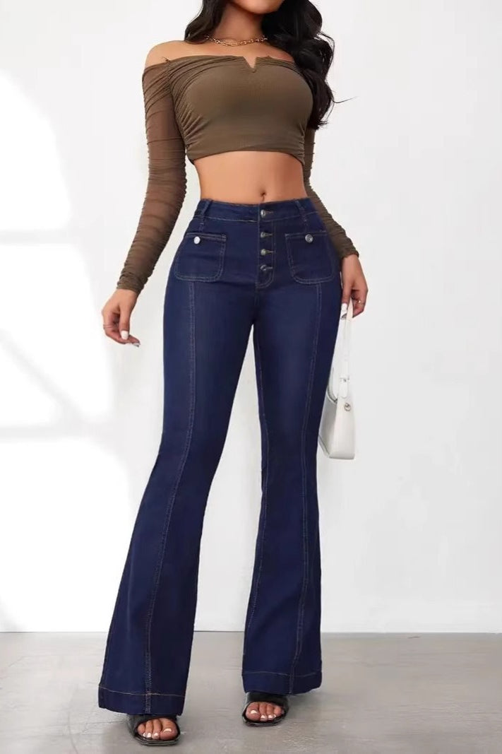 High Waist Button Front Patchwork Slim Kick Flare Jeans Secondary image