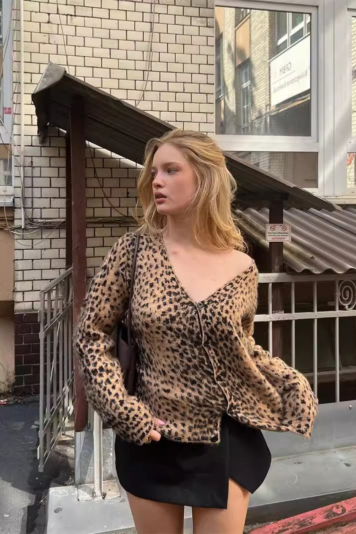 Leopard Mohair V-Neck Knit Top Main image