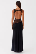 Sheer Lace Satin Panel Backless Fit Lace Dress