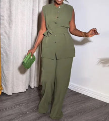 Sleeveless Belt Shirt Pant Suit