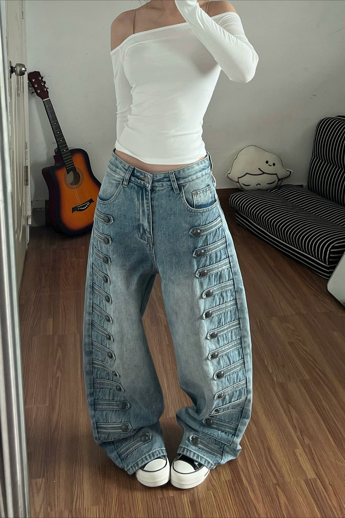 Military Button Wide Leg Barrel Jeans