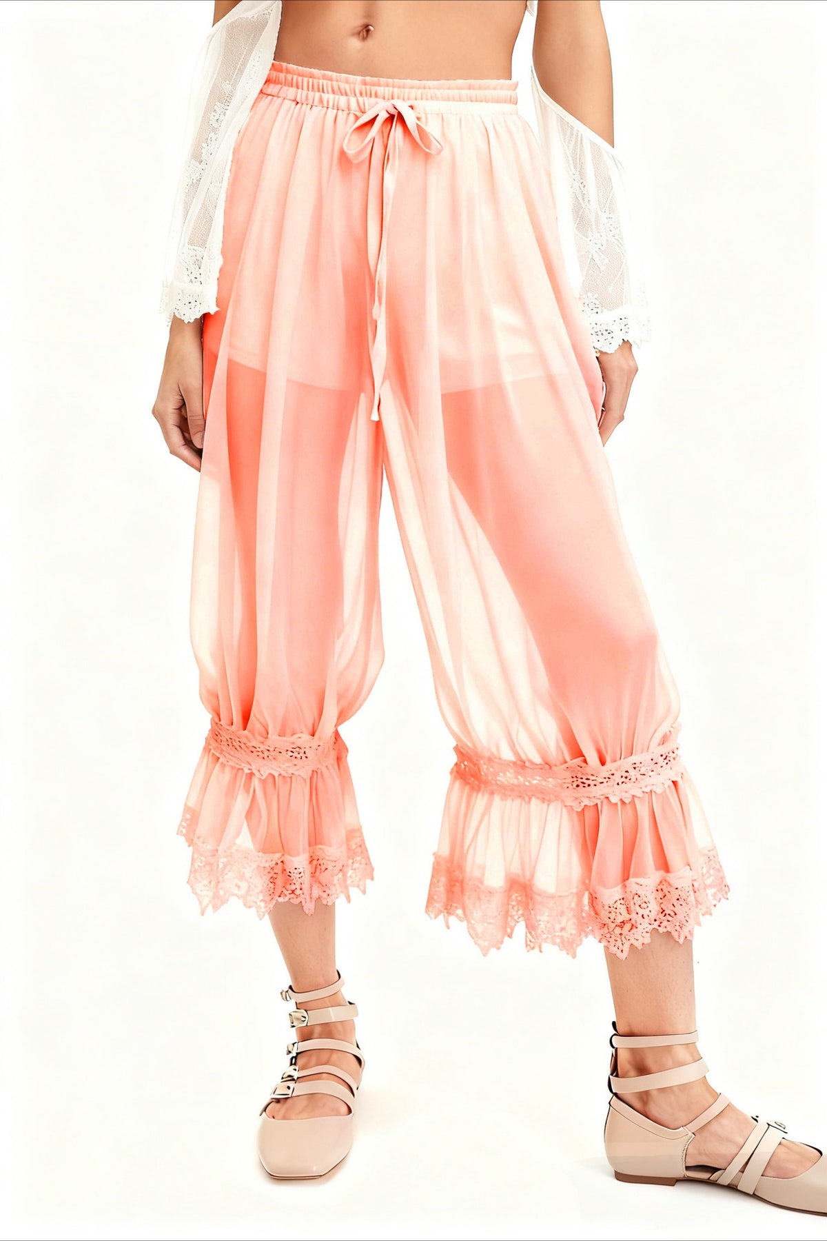 Sheer Mesh Lace Floral Panel Lined Pants