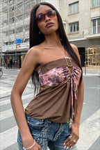 Abstract Print Contrast Panel Strapless Crop Top