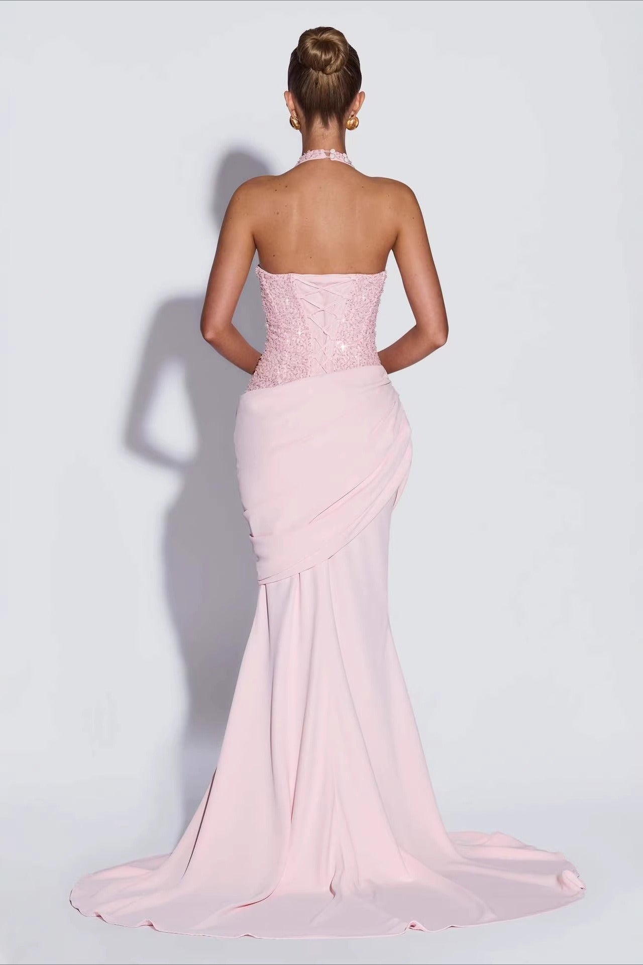 Sequin Patch Halter Deep V Ruched Train Maxi Bodycon Dress Secondary image