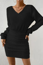 Ribbed V Neck Long Sleeve Ruched Mini Dress