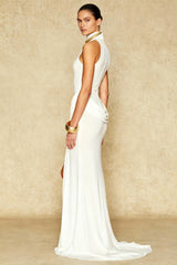 Turtleneck Off-Shoulder Sleeveless Pleated Maxi Dress