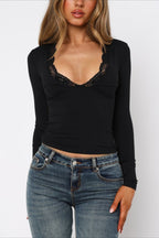 V Neck Lace Trim Bodycon Cropped Short Sleeve Tee