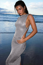 Metallic Open Back Halter Maxi Dress
