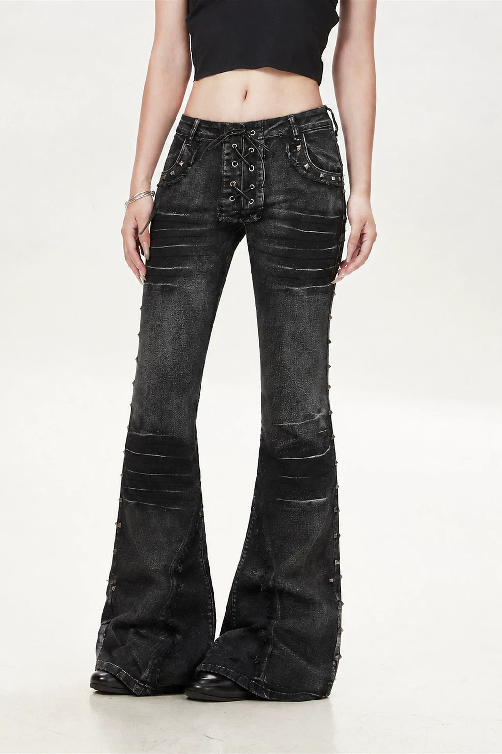Rivet Strap Washed Utility Flare Jeans