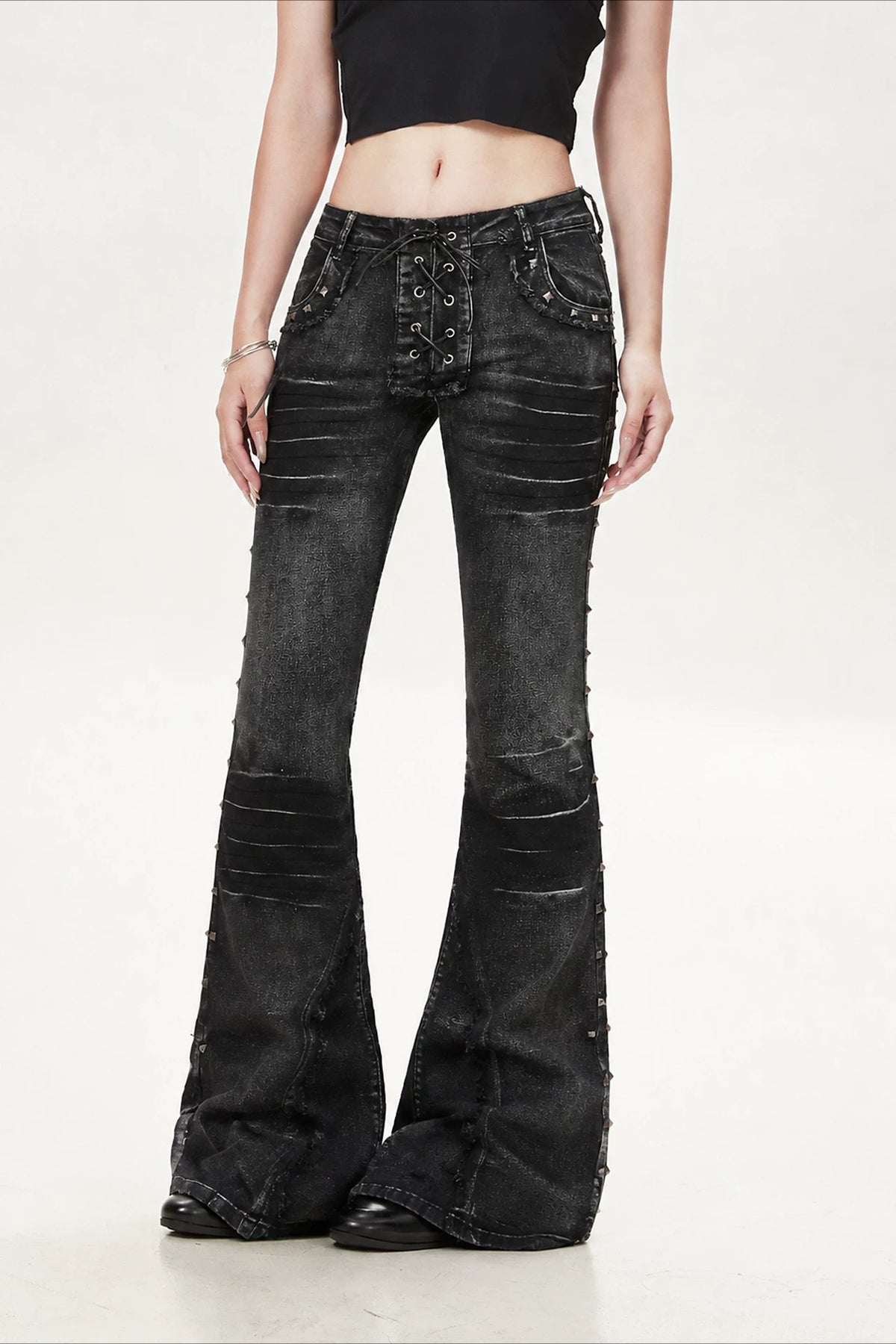 Rivet Strap Washed Utility Flare Jeans