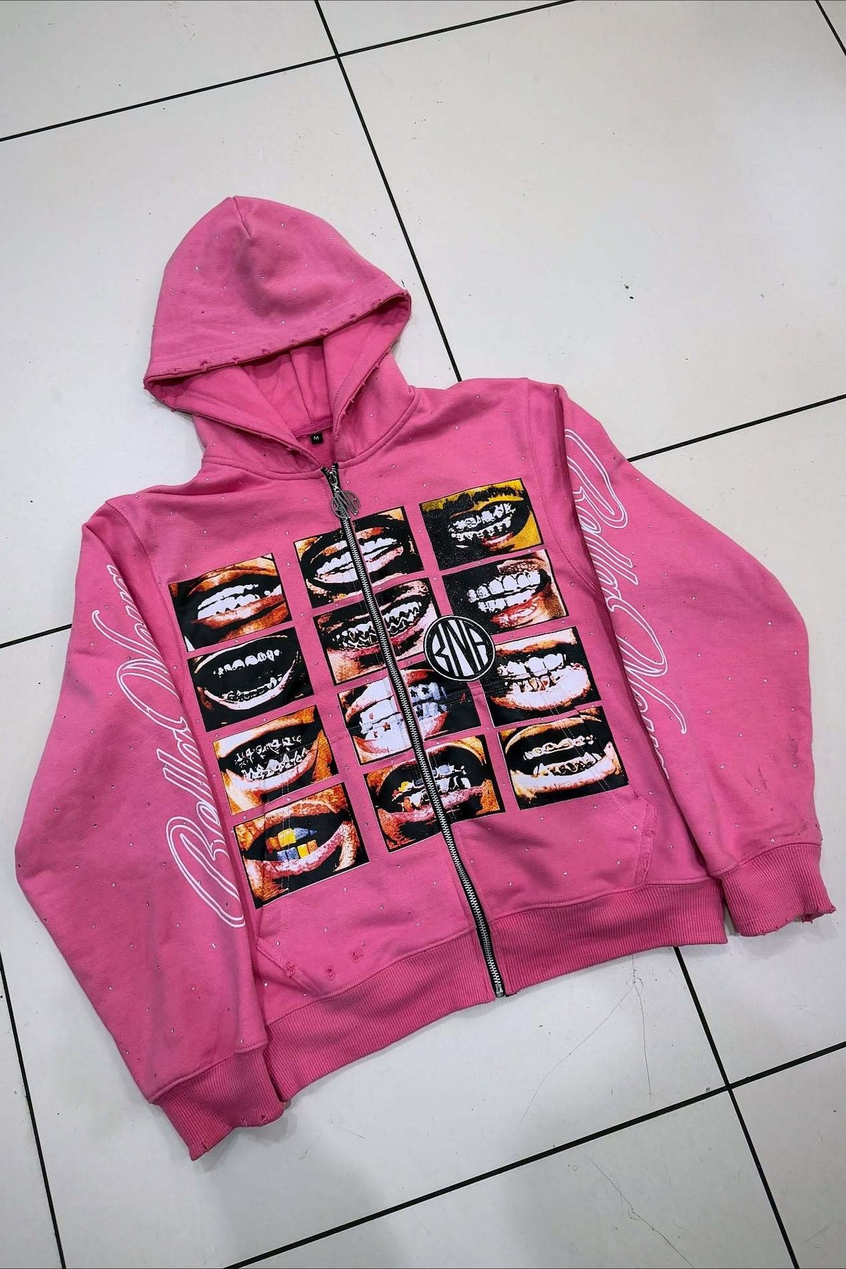 Mouth Collage Graphic Rhinestone Full Zip Hoodie