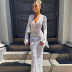V Neck Lace Flare Sleeve Dress