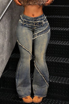 Raw Hem Layered Waist Washed Flare Jeans