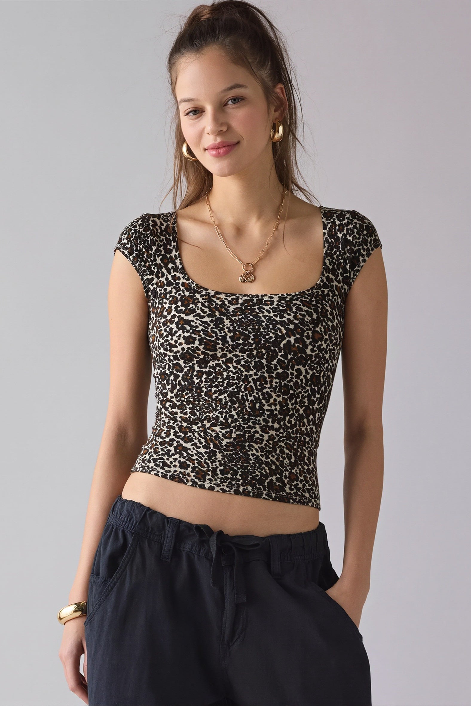 Printed Ribbed Square Neck Fitted Crop Top