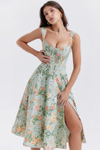 Floral Boned Spaghetti Strap Party Dress