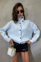 High Collar Button Front Relaxed Cardigan Sweater